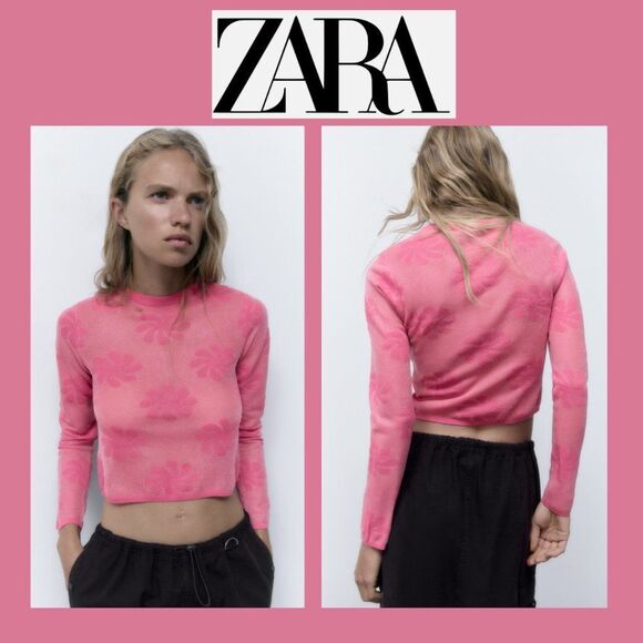NWT Zara Pink Long Sleeve Sheer Floral Top - Picture 1 of 12